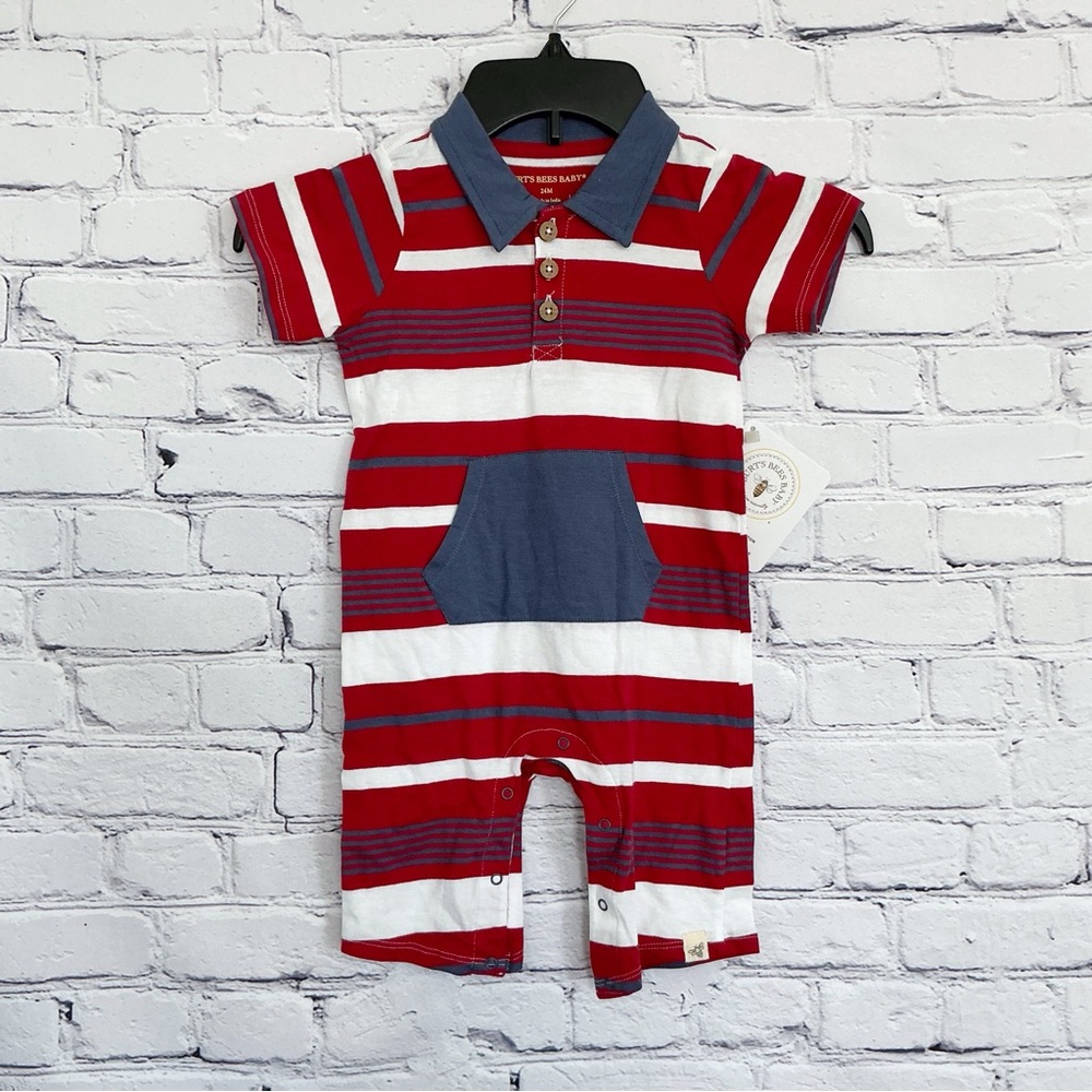 New Burts Bees Baby Red and Blue Striped Romper One Piece Size 24M